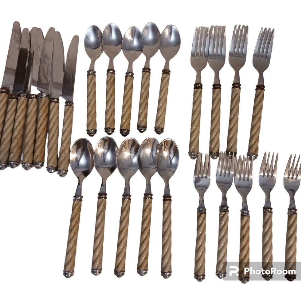 MCM Flatware 26 Pc Unique Twisted‎ Rope Lucite Plastic Handle Utensils Medieval